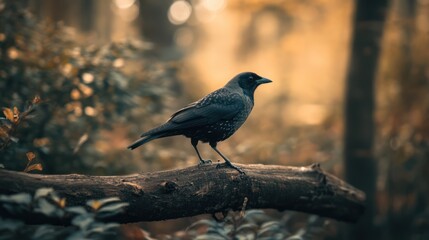 Fototapeta premium Black bird on branch in forest at dawn. Possible use Nature photography