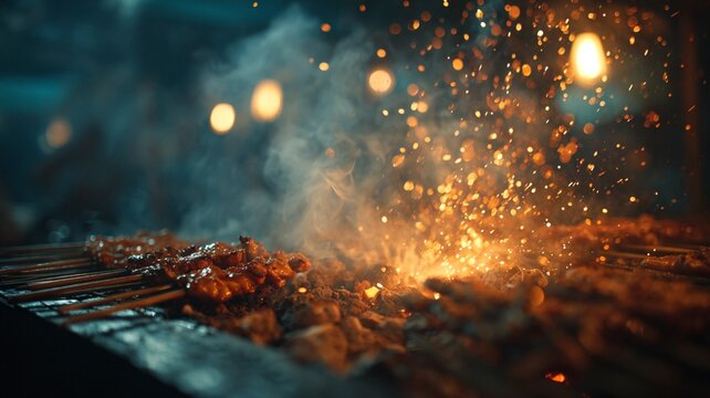 A cinematic close-up of an Indonesian street vendor grilling chicken satay over glowing charcoal at a vibrant night market.