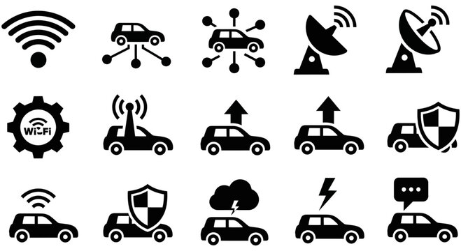 Set of black connected vehicle icons for modern graphic design
