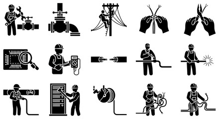 Naklejka premium Set of black construction worker icons for industrial vector design