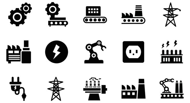 Set of black manufacturing and industrial plant vector icons