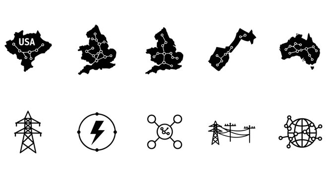 Black vector icons showing global power and energy distribution networks