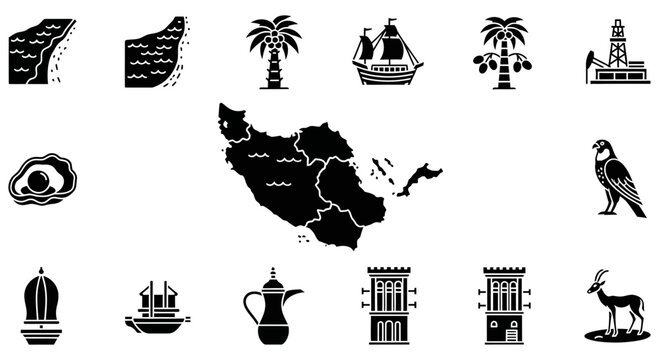 Set of black vector icons representing culture of Persian Gulf
