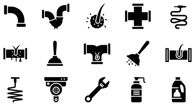 Set of plumbing vector icons for drain cleaning service maintenance