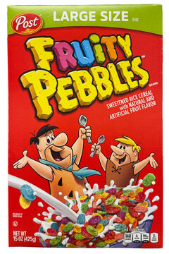 Box of Post Fruity Pebbles sweetened rice cereal.