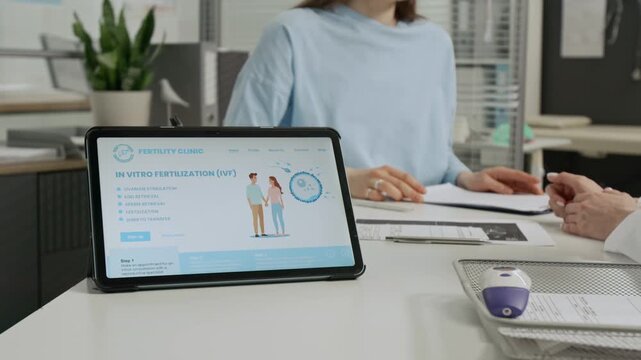 Tilt down rack focus view of joyful gen Z girl shaking hands with female fertility specialist in clinical setting, and digital tablet displaying IVF steps on white office table