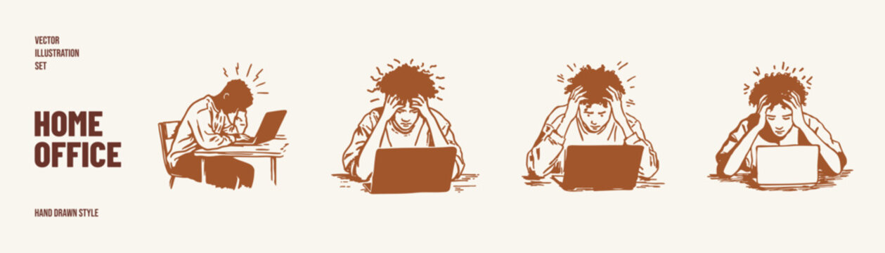 Stressed remote worker laptop headache burnout home office set. People sitting at desks holding head in tension while using computers. Illustrations for remote work stress in sketch style.