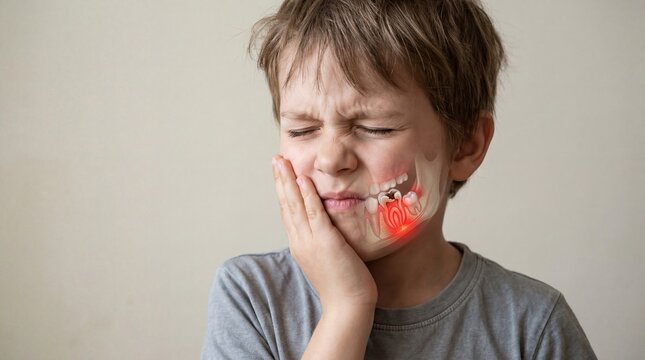 Child with toothache touching cheek in pain. Little boy suffering from dental cavity or pulpitis. Anatomy of decayed tooth shown as digital medical visualization for clinical treatment.