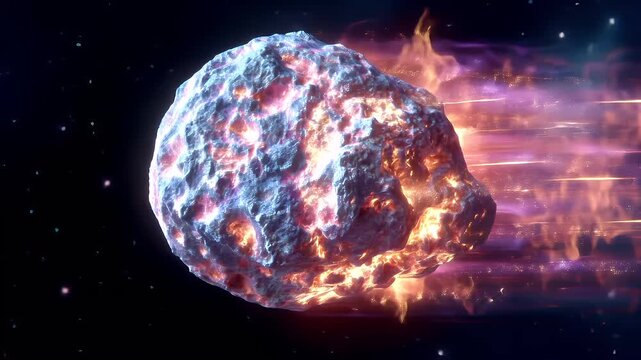 Space universe exploration, fantasy, mysterious. A vivid, highresolution digital artwork depicts a celestial scene. A large, fiery, spherical object, likely a meteor or comet, is the main subject.