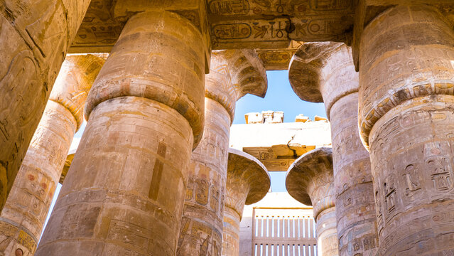 Columns of the Great Hypostyle Hall at Karnak Temple Complex, UNESCO World Heritage Site, Luxor, Egypt.