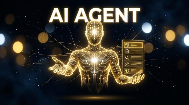 Artificial intelligence agent, virtual assistant, machine learning, Glowing golden futuristic cybernetic humanoid showing a digital hologram interface on dark bokeh background.
