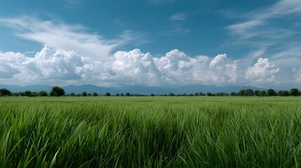 Fototapeta premium A sweeping vista of vibrant green crops stretches toward the horizon beneath a dramatic expanse of blue sky and scattered clouds