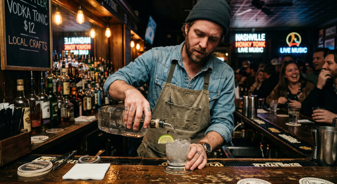 A bartender in a nashville honky tonk bar pours a vodka soda with lime at a crowded small bar. Neon signs light the dark atmosphere. Live music 