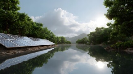 Fototapeta premium Solar panels are integrated into a peaceful natural landscape alongside a reflective river under a bright cloudy sky