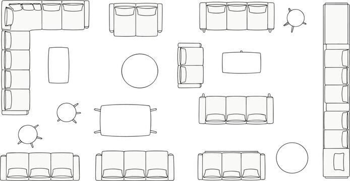 Top-down view of various furniture pieces including sectional sofas, armchairs, coffee tables, and accent tables