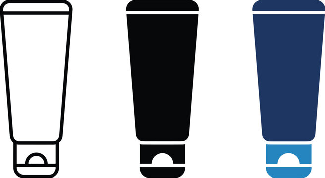 Rounded flat toothpaste tube vector icon set in black and blue minimalist style, editable oral care symbol collection for dental branding, pharmacy packaging and healthcare infographics