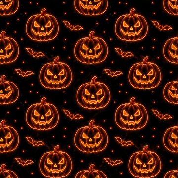 glowing pumpkin pattern with spooky jackolantern faces and bats on a dark background in a playful seamless halloween design