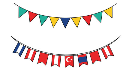 Obraz premium Two strings of bunting flags including various solid colors and international national flag patterns for global events.