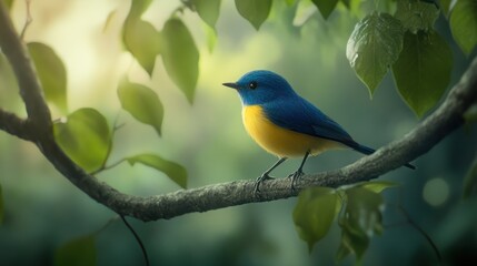 Fototapeta premium Colorful bird perched on branch, lush forest background, peaceful moment, nature photography, showcasing beauty
