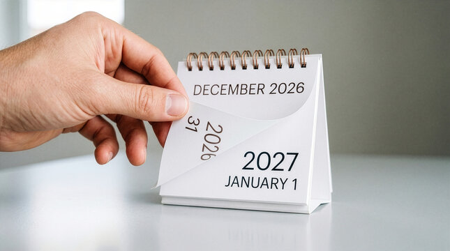 hand turning the page on a calendar revealing 2027