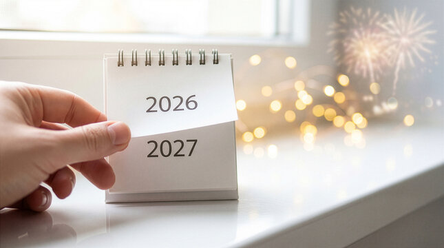 hand turning the page on a calendar revealing 2027