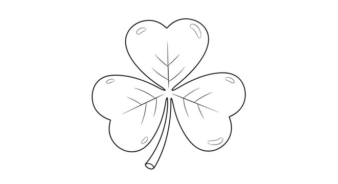 Minimalist black outline drawing of a three leaf clover or shamrock with vein details isolated on a white background.