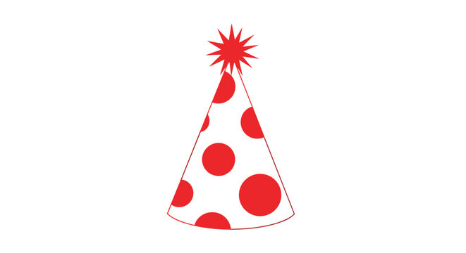 Classic white party hat with large red polka dots and a red starburst tinsel on top for birthdays and celebrations.