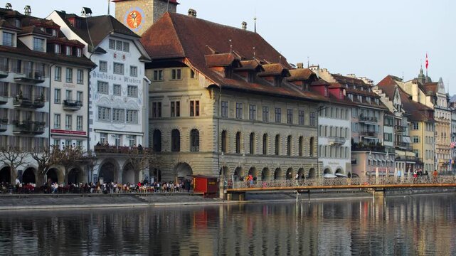 Town Hall and riverside promenade at Reuss in Lucerne