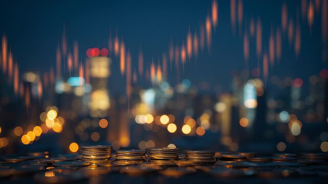 Stacked coins with spoons and rising candlestick chart