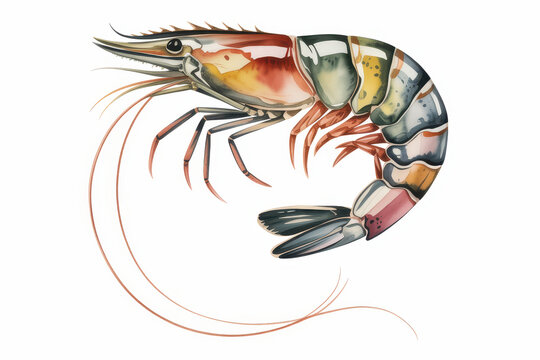 Detailed watercolor of a raw tiger prawn isolated on a clean white background
