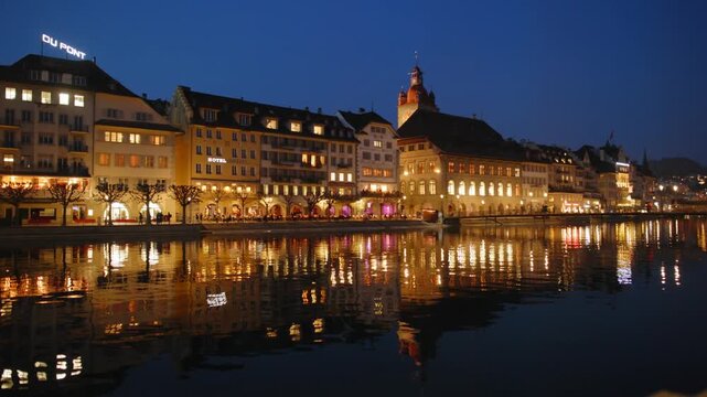 Shot of Lucerne illuminated old town and historic buildings at night