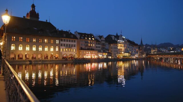 Shot of Lucerne illuminated old town and historic buildings at night