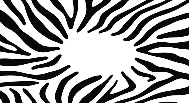Black and white abstract pattern featuring a dense array of irregular zebra stripes radiating from a central white space.