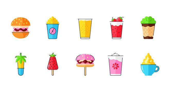 Colorful food and drink icons set