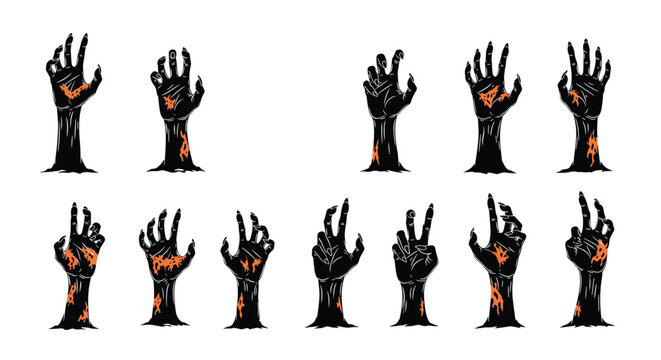 Collection of various zombie hands reaching upwards with tattered skin and dark silhouettes for spooky halloween designs.