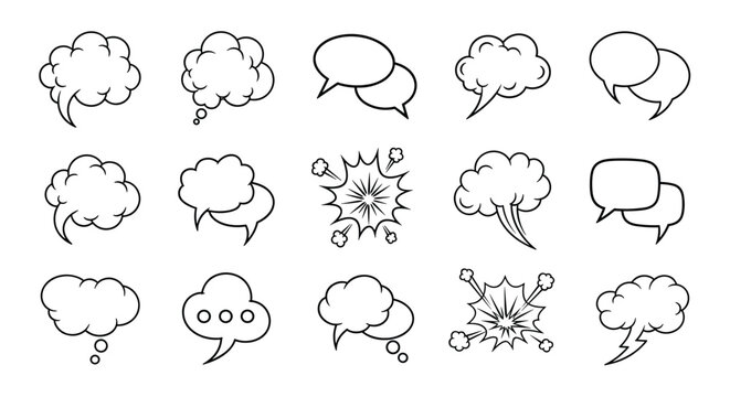 Large set of various comic book speech bubbles thought clouds and explosion effects in black and white line art.