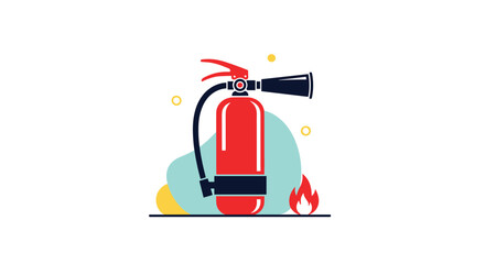 Obraz premium Red fire extinguisher icon on an abstract background with a small flame to represent emergency fire safety equipment.