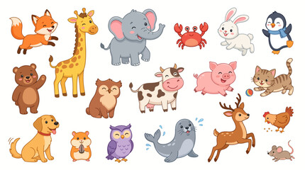 Obraz premium A cute collection of funny cartoon animal characters featuring a baby dog, cat, lion, and elephant in a vector illustration set of comic pet icons