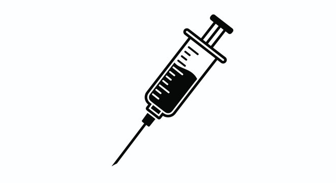 Black and white silhouette of a medical syringe with liquid inside represents vaccinations and clinical medical procedures.