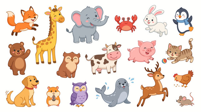 A cute collection of funny cartoon animal characters featuring a baby dog, cat, lion, and elephant in a vector illustration set of comic pet icons