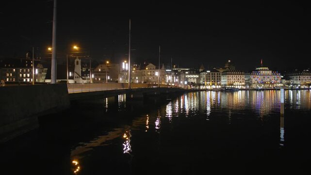 Shot of Lucerne illuminated old town and historic buildings at night