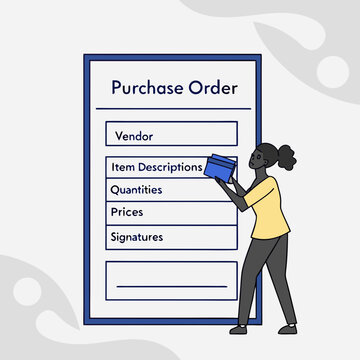 Woman holding a box in front of a large purchase order form large form blue box yellow shirt