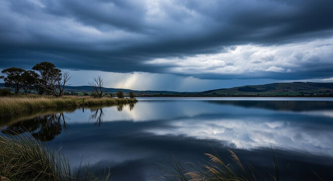Reflections of a looming storm paint a breathtaking tableau on the calm waters of a scenic lake, where wild grasses line the shore under an expansive, moody sky
