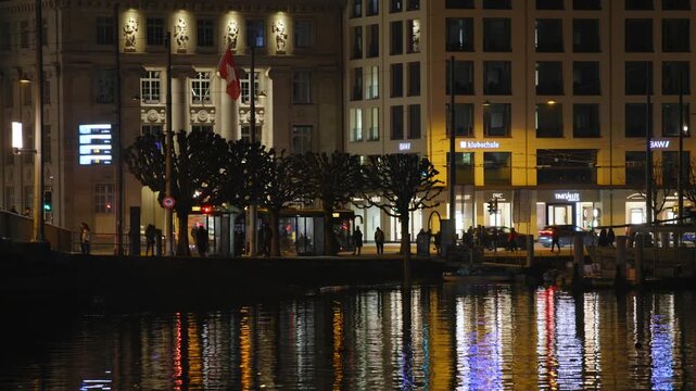 Shot of Lucerne illuminated old town and historic buildings at night