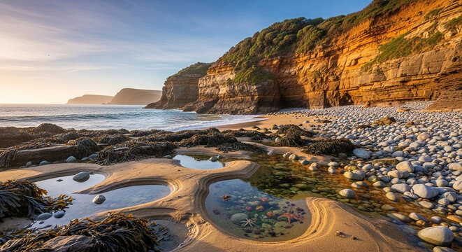 Golden hour glow bathes majestic coastal cliffs and serene tide pools, revealing vibrant marine life on a peaceful pebble beach during a tranquil evening