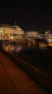 Shot of Lucerne illuminated old town and historic buildings at night
