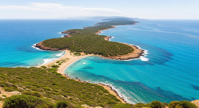 Stunning aerial view of a unique coastal landform. A narrow, green isthmus gracefully unites two vibrant turquoise bays, seamlessly blending lush terrain with crystal-clear ocean