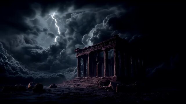 Space universe exploration, fantasy, mysterious. A dark, atmospheric portrayal of an ancient temple, set against a stormy sky. The temple, with its columns and pediment, is the central focus.