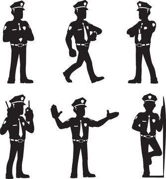 Silhouette police officers standing, walking, holding radio, directing traffic, guarding, with stick.