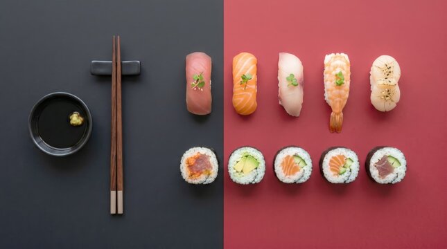 Salmon Tuna Shrimp Nigiri And Maki Rolls On Red And Black Background